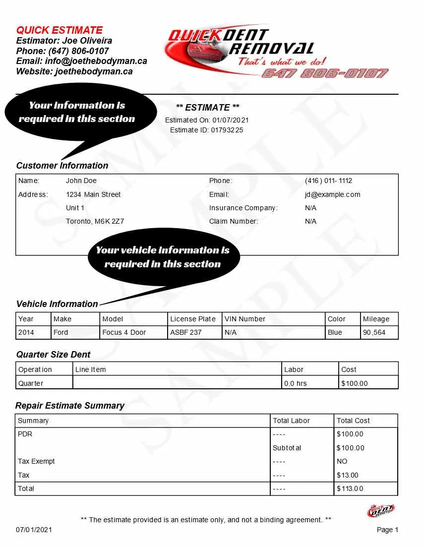 How To Dent Removal Toronto - GTA | Estimate Sample  About Your Information Getting Things Ready For An Estimate